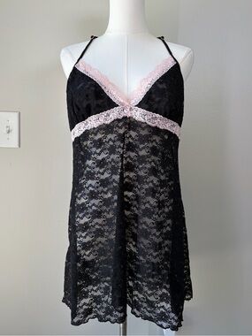 Cosmopolitan Black Lace Slip Dress with Pink Trim Feminine Romantic Flirty